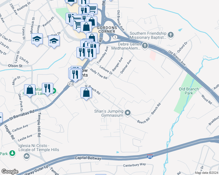 map of restaurants, bars, coffee shops, grocery stores, and more near 4011 Holly Tree Road in Temple Hills