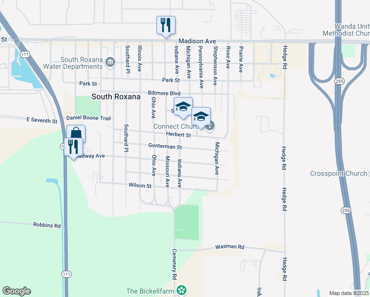 map of restaurants, bars, coffee shops, grocery stores, and more near 1204 Gonterman Street in South Roxana