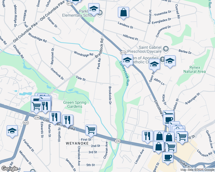 map of restaurants, bars, coffee shops, grocery stores, and more near 4500 Brookside Drive in Alexandria