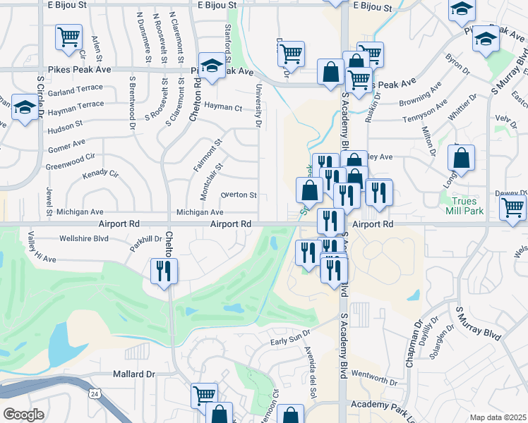 map of restaurants, bars, coffee shops, grocery stores, and more near 319 University Drive in Colorado Springs