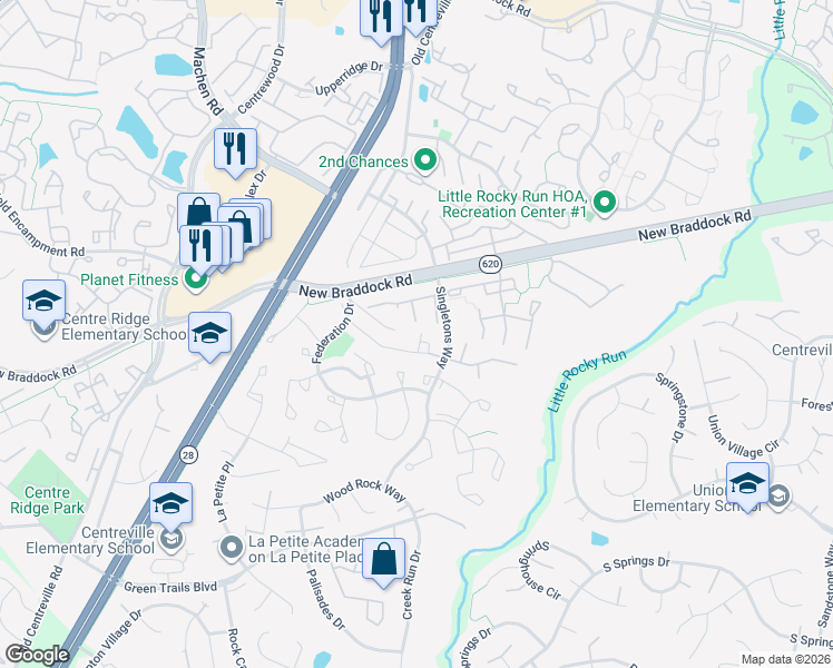 map of restaurants, bars, coffee shops, grocery stores, and more near 14020 Winding Ridge Lane in Centreville