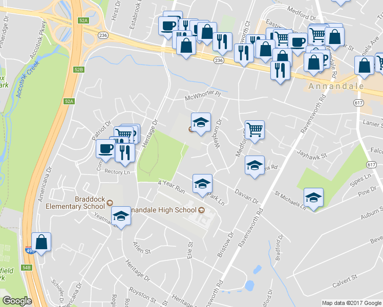 map of restaurants, bars, coffee shops, grocery stores, and more near 7608 Gaylord Drive in Annandale