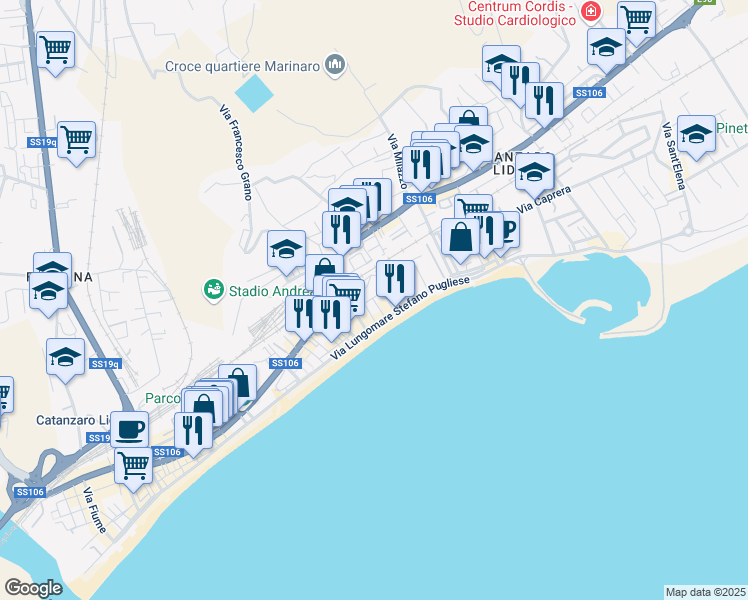map of restaurants, bars, coffee shops, grocery stores, and more near 1 Via Thaon di Revel in Catanzaro