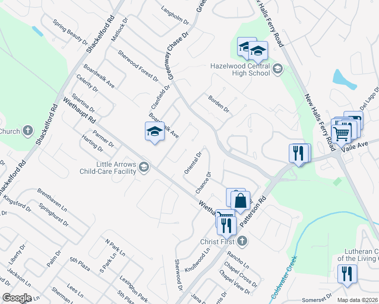 map of restaurants, bars, coffee shops, grocery stores, and more near 2864 Park New York Drive in Florissant