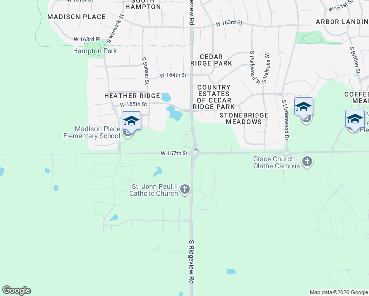 map of restaurants, bars, coffee shops, grocery stores, and more near 16670 South Ridgeview Road in Olathe