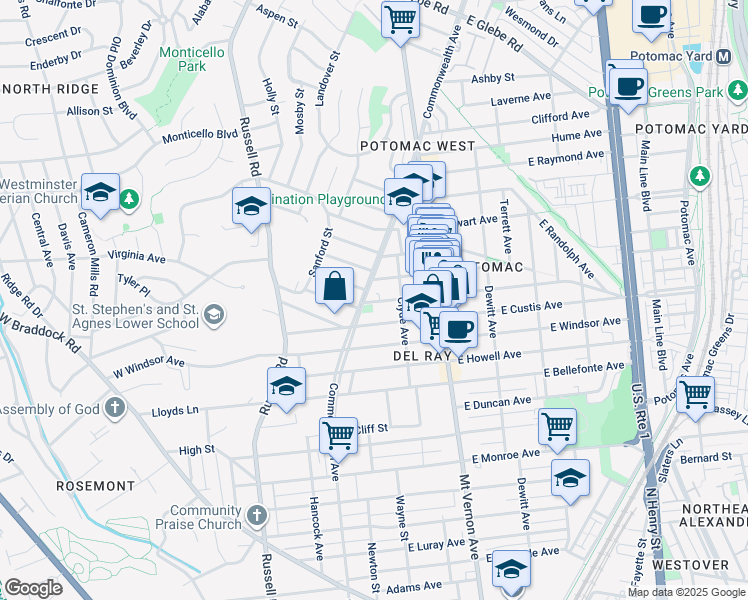 map of restaurants, bars, coffee shops, grocery stores, and more near 4 East Del Ray Avenue in Alexandria
