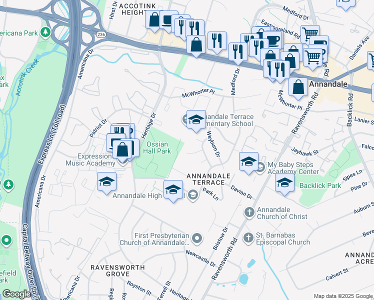 map of restaurants, bars, coffee shops, grocery stores, and more near 7608 Gaylord Drive in Annandale