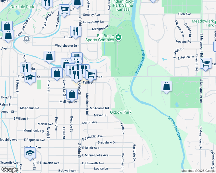 map of restaurants, bars, coffee shops, grocery stores, and more near 726 Faith Drive in Salina