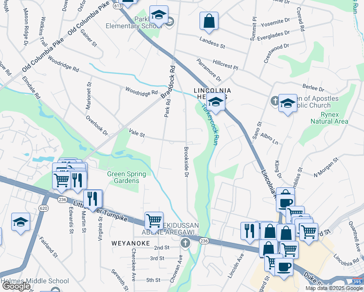 map of restaurants, bars, coffee shops, grocery stores, and more near 4500 Brookside Drive in Alexandria