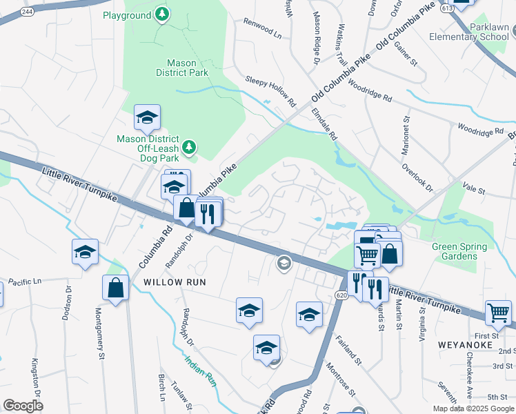 map of restaurants, bars, coffee shops, grocery stores, and more near 6624 Cypress Point Road in Alexandria