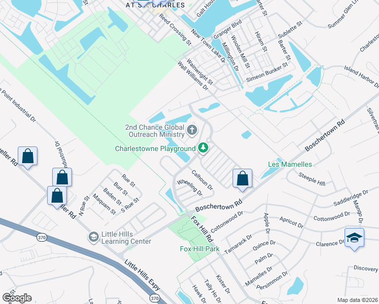 map of restaurants, bars, coffee shops, grocery stores, and more near 3313 Timbercross Place in Saint Charles