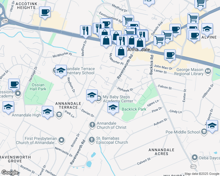 map of restaurants, bars, coffee shops, grocery stores, and more near 4486 Ruggles Court in Annandale