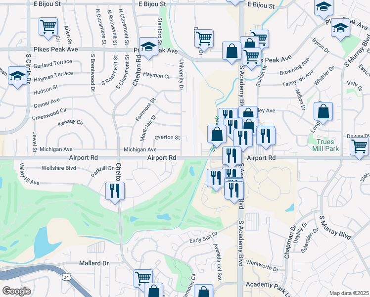 map of restaurants, bars, coffee shops, grocery stores, and more near 3684 Michigan Avenue in Colorado Springs