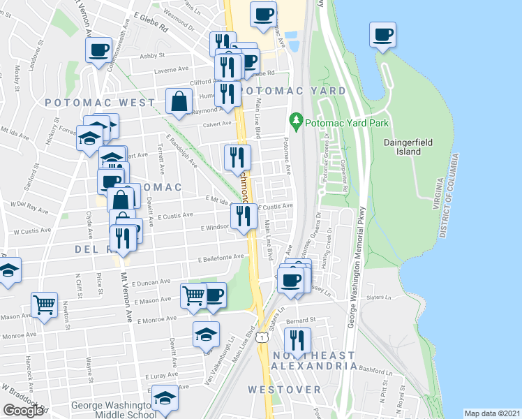 map of restaurants, bars, coffee shops, grocery stores, and more near 101 Independence Avenue Southeast in Washington