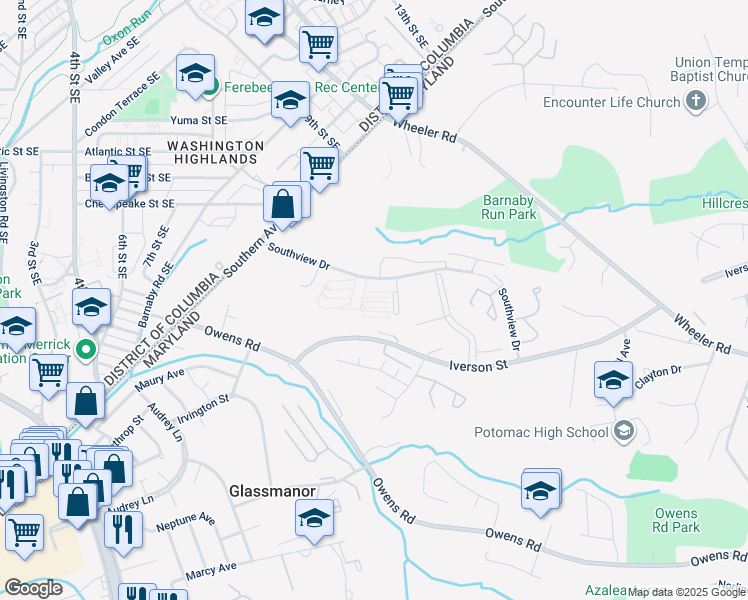 map of restaurants, bars, coffee shops, grocery stores, and more near 1311 Southview Drive in Oxon Hill
