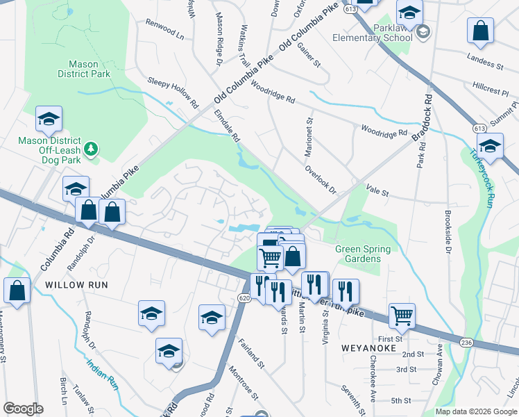 map of restaurants, bars, coffee shops, grocery stores, and more near 6512 Gretna Green Way in Alexandria