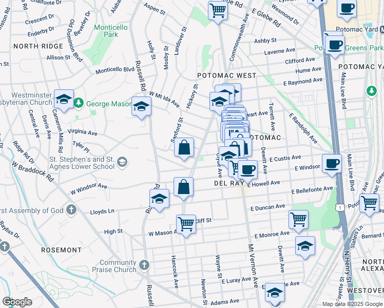 map of restaurants, bars, coffee shops, grocery stores, and more near 5 West Del Ray Avenue in Alexandria