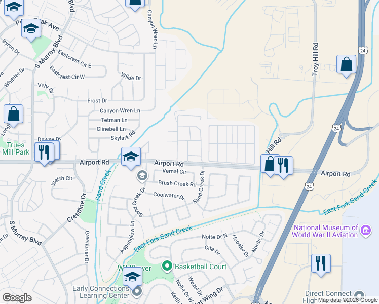 map of restaurants, bars, coffee shops, grocery stores, and more near 408 Kitfield View in Colorado Springs