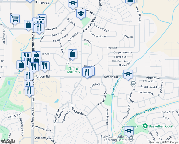 map of restaurants, bars, coffee shops, grocery stores, and more near 340 Vehr Drive in Colorado Springs