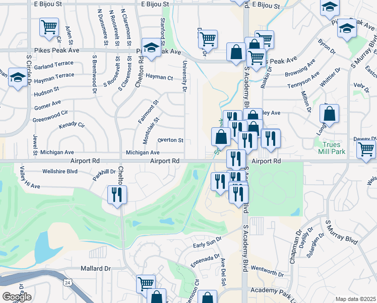 map of restaurants, bars, coffee shops, grocery stores, and more near 3684 Michigan Avenue in Colorado Springs