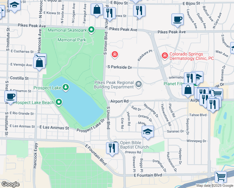 map of restaurants, bars, coffee shops, grocery stores, and more near 1834 Airport Road in Colorado Springs