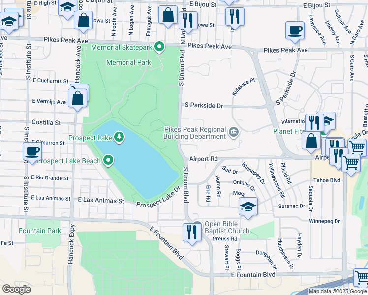 map of restaurants, bars, coffee shops, grocery stores, and more near 355 South Union Boulevard in Colorado Springs