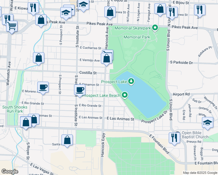 map of restaurants, bars, coffee shops, grocery stores, and more near 1113 East Cimarron Street in Colorado Springs