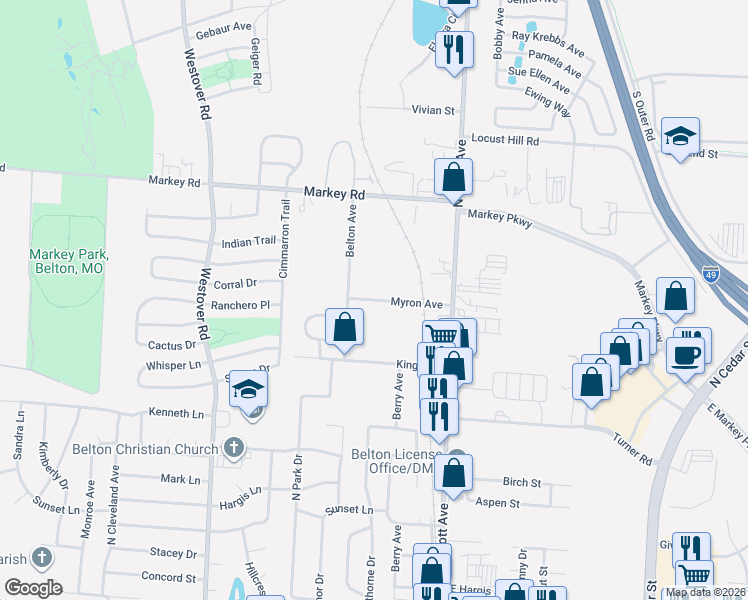 map of restaurants, bars, coffee shops, grocery stores, and more near 206 Myron Avenue in Belton