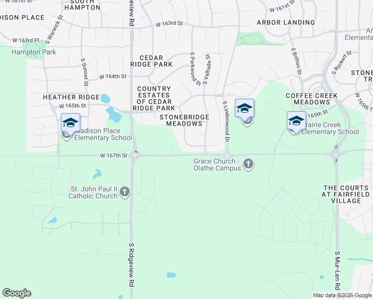 map of restaurants, bars, coffee shops, grocery stores, and more near 16656 South Lind Road in Olathe