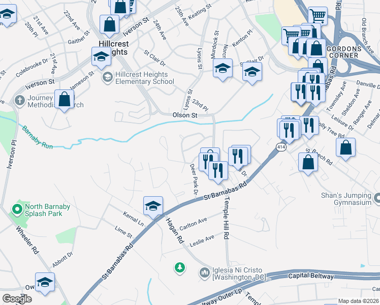map of restaurants, bars, coffee shops, grocery stores, and more near 3205 Beaumont St in Temple Hills