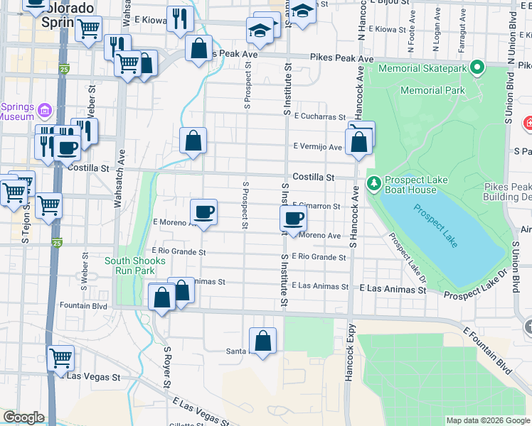 map of restaurants, bars, coffee shops, grocery stores, and more near 825 East Cimarron Street in Colorado Springs