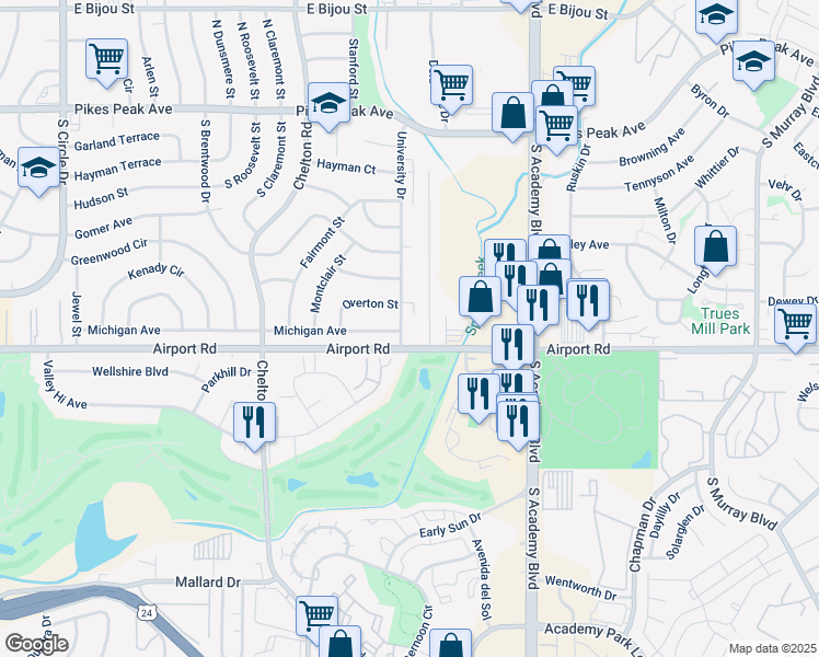map of restaurants, bars, coffee shops, grocery stores, and more near 3684 Michigan Avenue in Colorado Springs