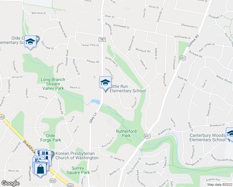 map of restaurants, bars, coffee shops, grocery stores, and more near 9301 Woodfield Street in Fairfax