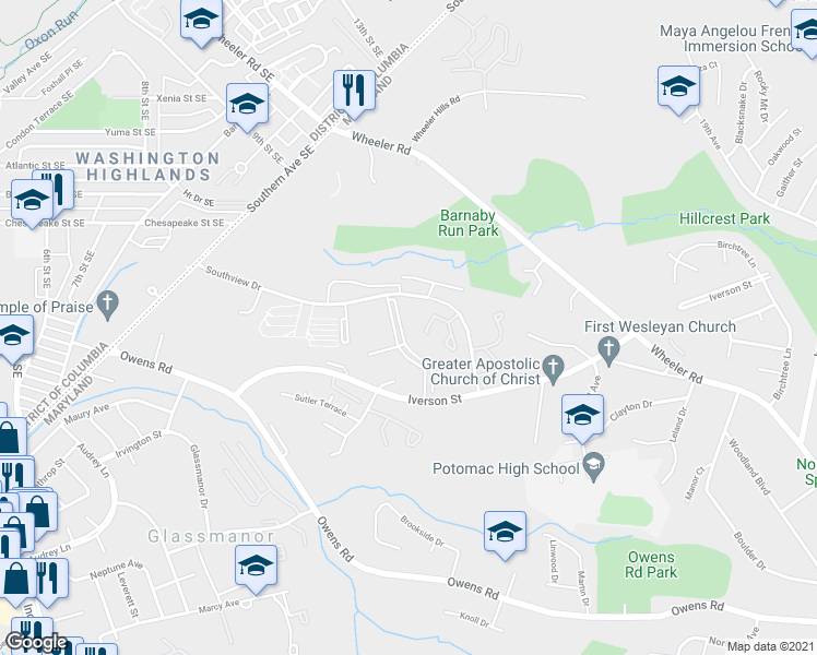 map of restaurants, bars, coffee shops, grocery stores, and more near 1519 Southview Drive in Oxon Hill