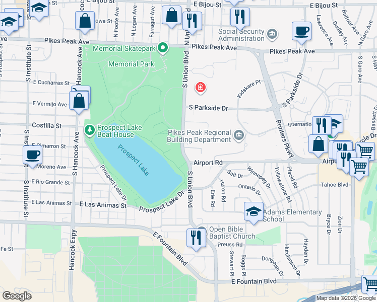 map of restaurants, bars, coffee shops, grocery stores, and more near 355 South Union Boulevard in Colorado Springs