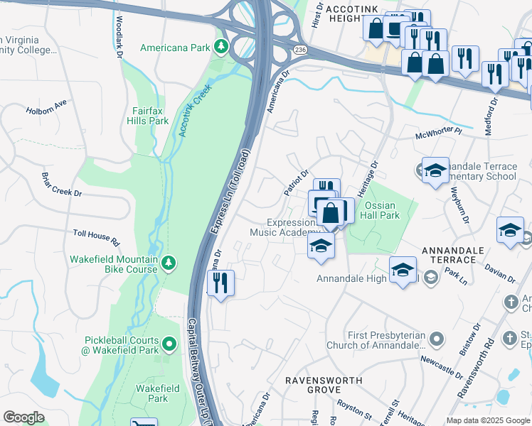map of restaurants, bars, coffee shops, grocery stores, and more near 7811 Dassett Court in Annandale