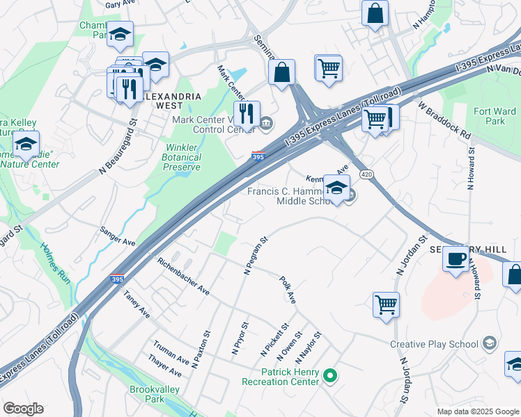map of restaurants, bars, coffee shops, grocery stores, and more near 5121 Maris Avenue in Alexandria