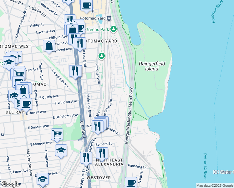 map of restaurants, bars, coffee shops, grocery stores, and more near 711 Hawkins Way in Alexandria