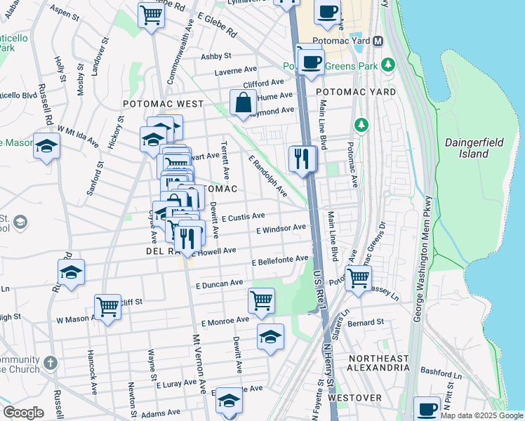 map of restaurants, bars, coffee shops, grocery stores, and more near 408 East Custis Avenue in Alexandria