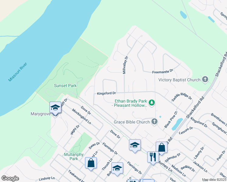 map of restaurants, bars, coffee shops, grocery stores, and more near 2359 Kingsford Drive in Florissant