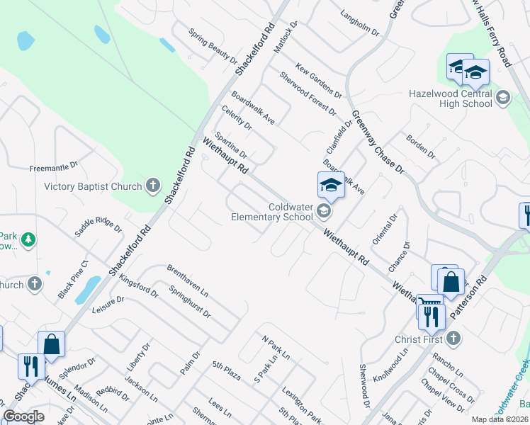 map of restaurants, bars, coffee shops, grocery stores, and more near 1200 Parmer Drive in Florissant