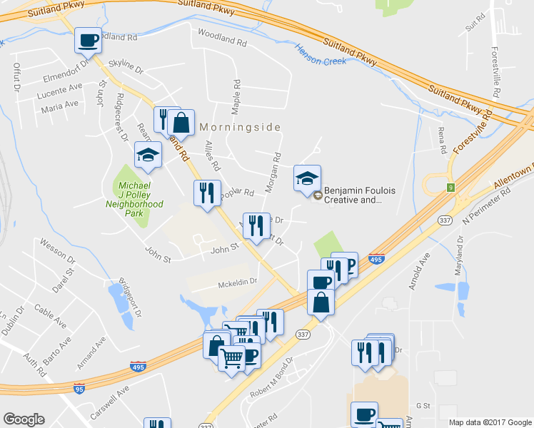 map of restaurants, bars, coffee shops, grocery stores, and more near 4608 Morgan Road in Morningside