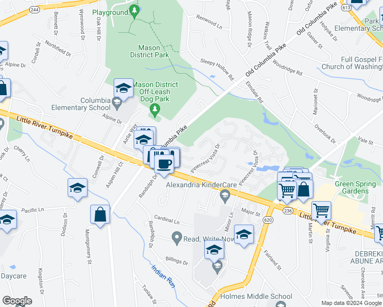 map of restaurants, bars, coffee shops, grocery stores, and more near 4503 Hazeltine Court in Alexandria