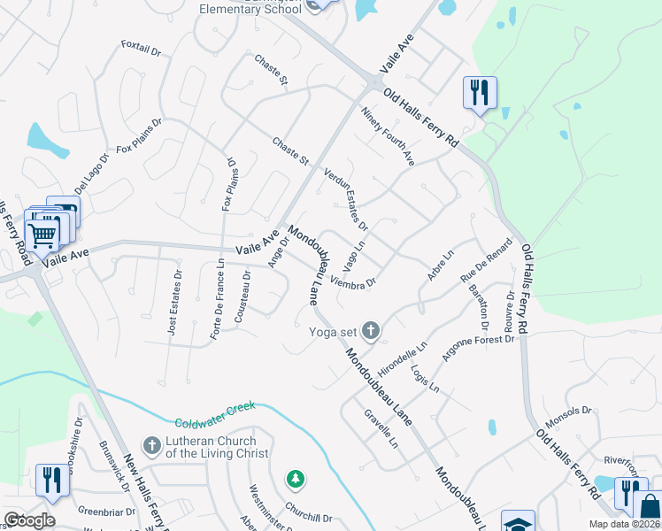 map of restaurants, bars, coffee shops, grocery stores, and more near 14852 Mondoubleau Lane in Florissant
