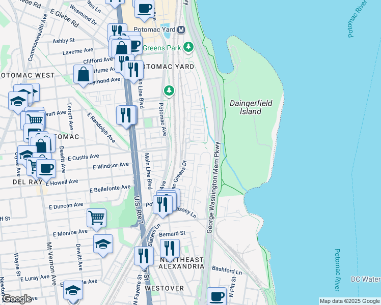map of restaurants, bars, coffee shops, grocery stores, and more near 717 Hawkins Way in Alexandria
