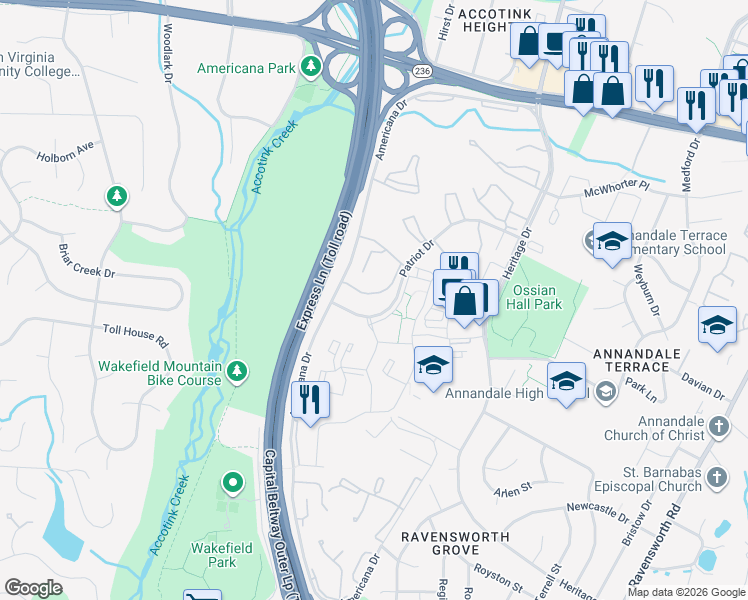 map of restaurants, bars, coffee shops, grocery stores, and more near 7811 Dassett Court in Annandale