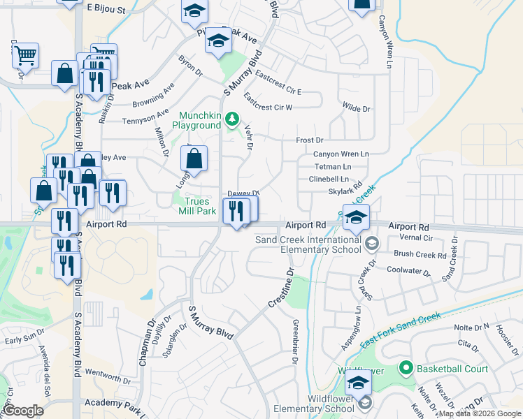 map of restaurants, bars, coffee shops, grocery stores, and more near 345 Gahart Drive in Colorado Springs