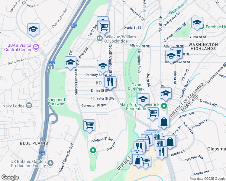 map of restaurants, bars, coffee shops, grocery stores, and more near South Capitol Street Southeast & Elmira Street Southwest in Washington