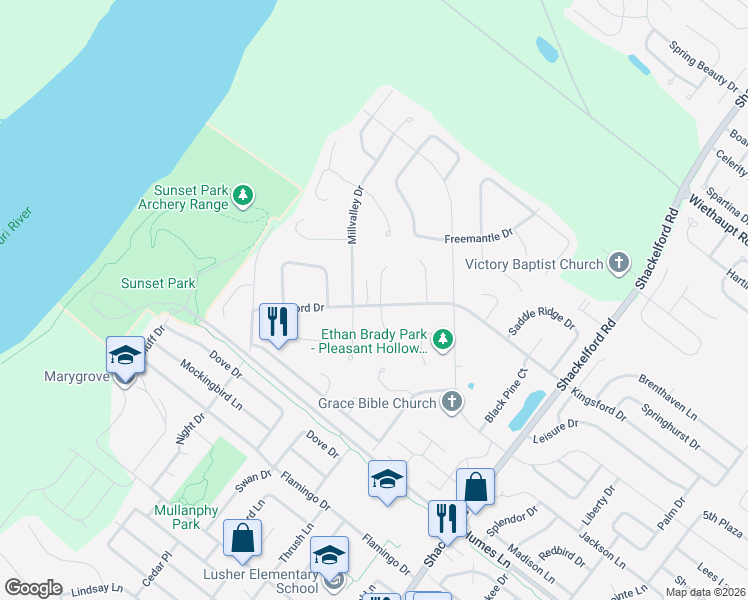 map of restaurants, bars, coffee shops, grocery stores, and more near 2217 Kingsford Drive in Florissant