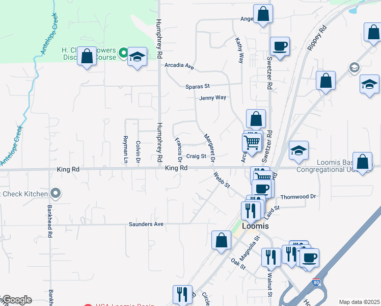 map of restaurants, bars, coffee shops, grocery stores, and more near 5721 Craig Street in Loomis
